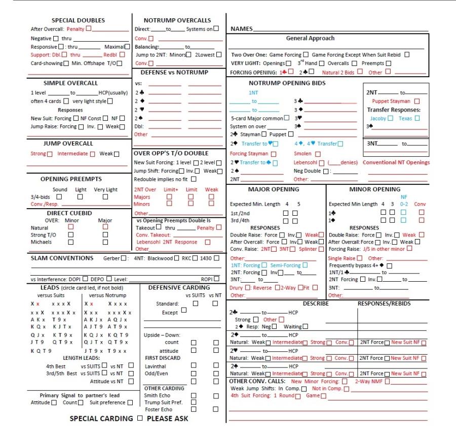 Sample Convention Cards - Form 1240 Standard - with Personal Score Sheet - 100 Sheets MAXIMUM